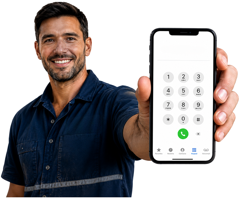 Earlwood Blocked Drains plumber holding a phone — call 1300 261 965