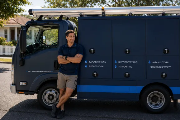 Plumber standing beside a service van in Earlwood