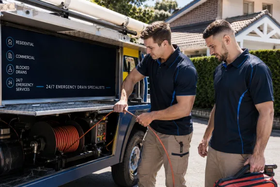 Two plumbers working on a blocked drain in Earlwood