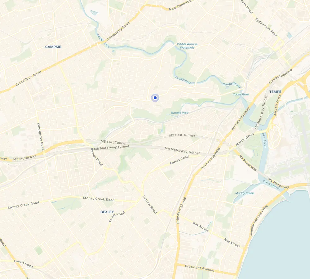 Map of the Earlwood service area and the surrounding Inner West, showing Earlwood and the nearby streets we cover.