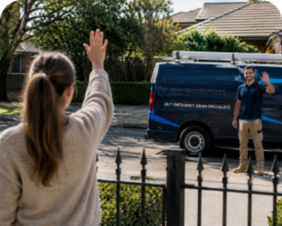 Customer waving goodbye to a Earlwood Blocked Drains plumber